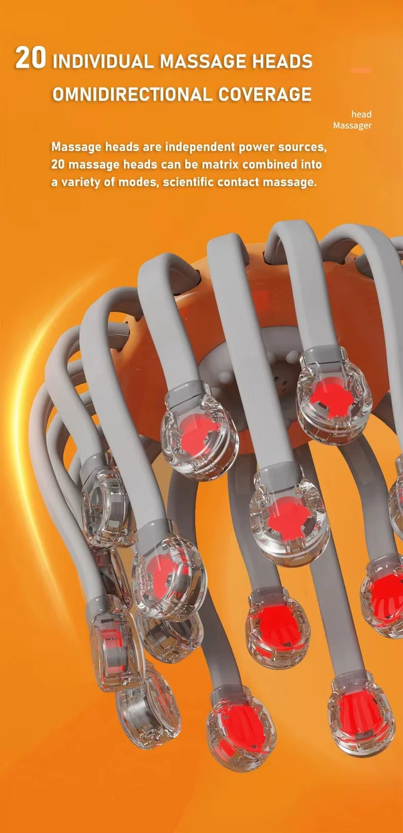 20Massage Heads Orange Scalp Head Massager Red Light Vibrator Octopus Scratcher for Relaxation Stress